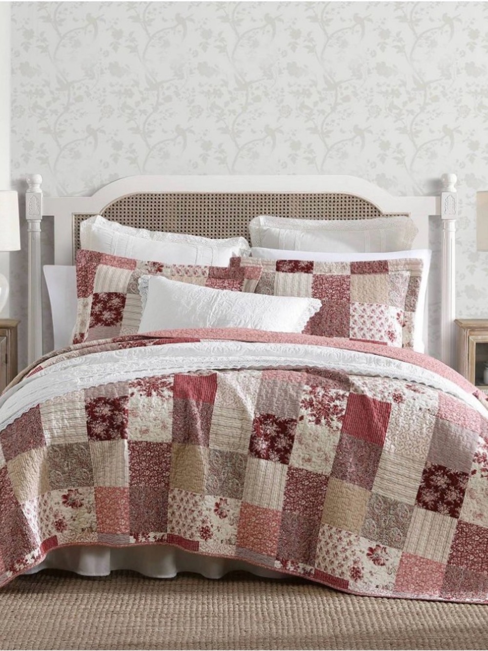 Laura Ashley King Celina Patchwork Quilt Bedding Red Floral ~ Vintage Inspired